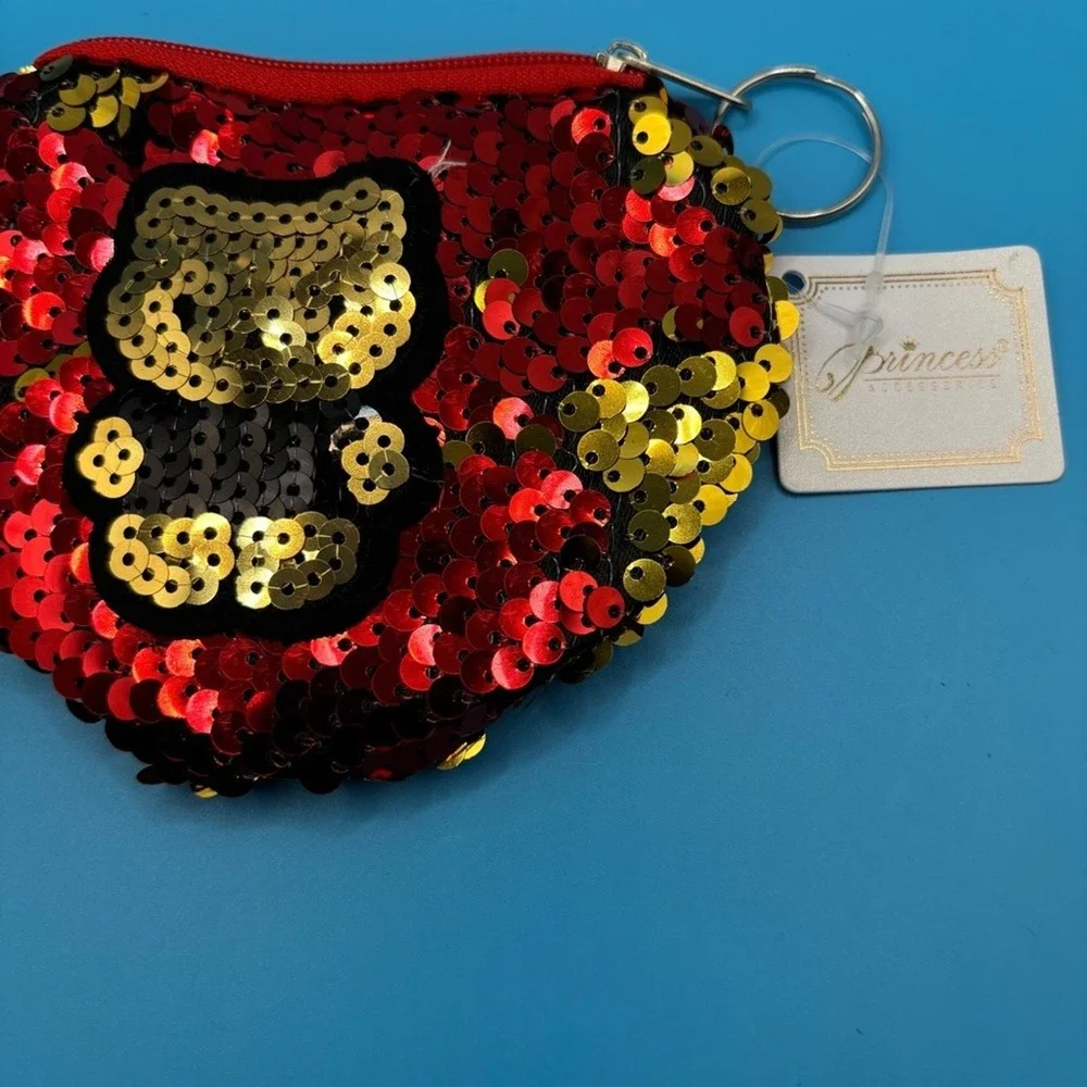 Sequin Teddy Bear Coin Purse Pouch Keychain‎ Red and Gold